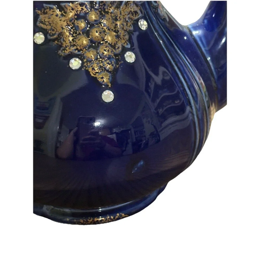 Rare Hall China Cobalt Blue Rhinestone Gold Teapot 6 Cup USA Vintage 01043